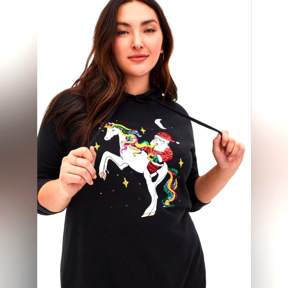 Torrid 00X NWT Sequin Santa Unicorn Black Fleece Tunic Hoodie